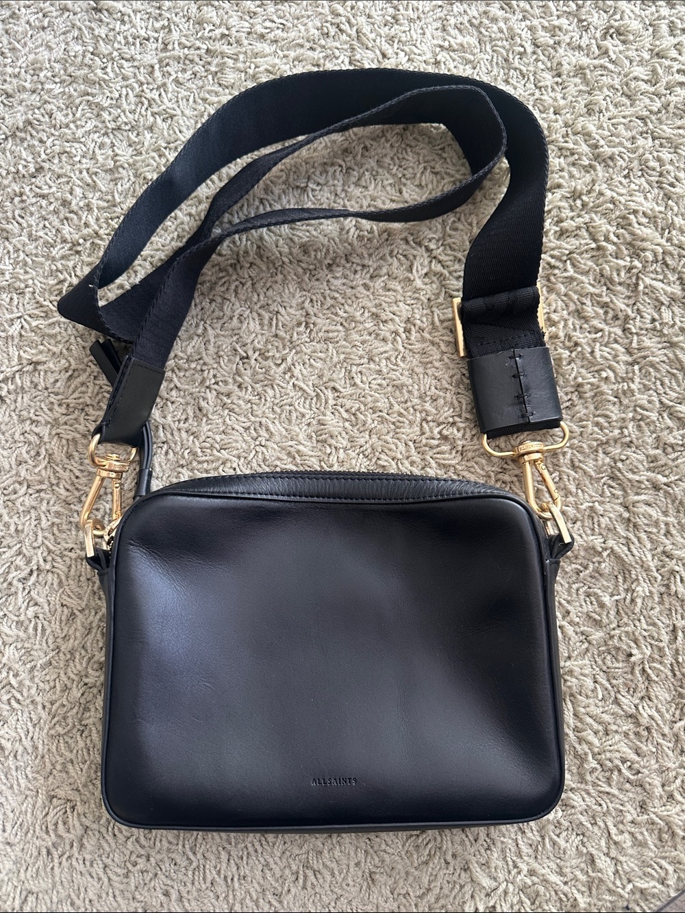 All Saints Black Leather Crossbody Bag with Gold Hardware